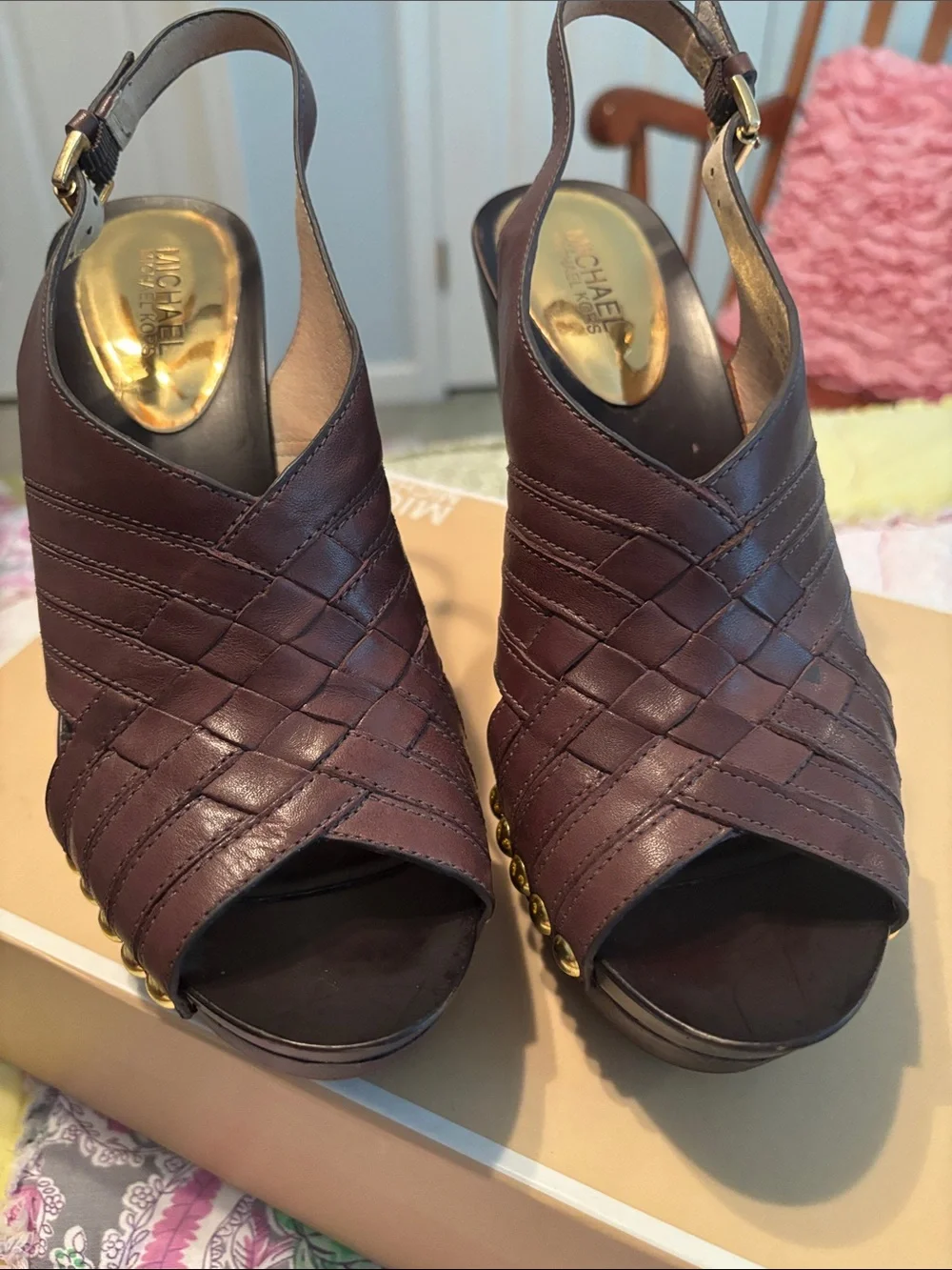 Michael Kors Dark Brown Leather Studded Wedge Sandals—NWOT